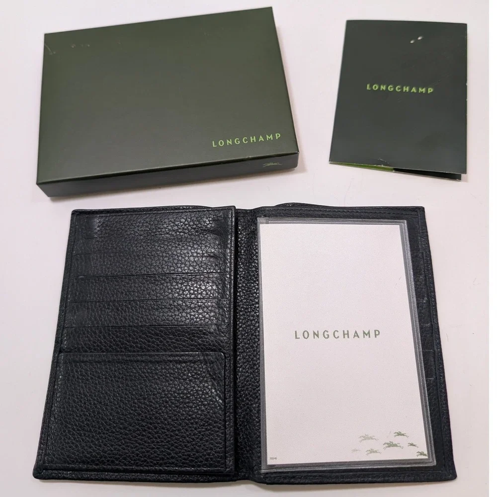 Longchamp Large‎ Mens Black Pebbled Leather Trifold Wallet & Passport w Box